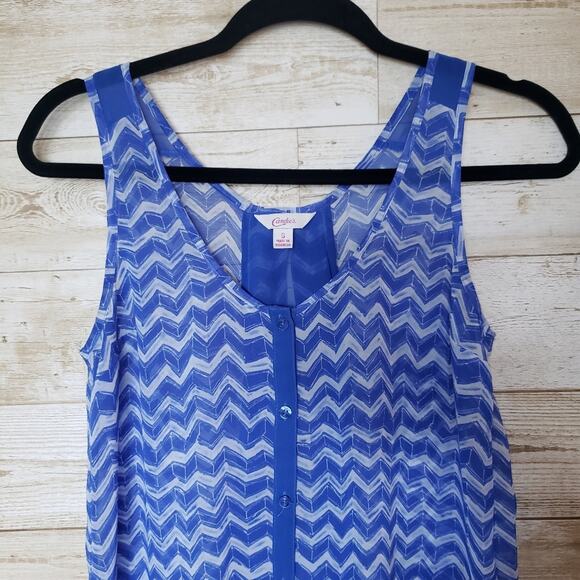 Y2K Oversized Sheer Tank Top Blouse Chevron Stripe Flowy Blue V-Neck Hi Low S - Picture 11 of 11
